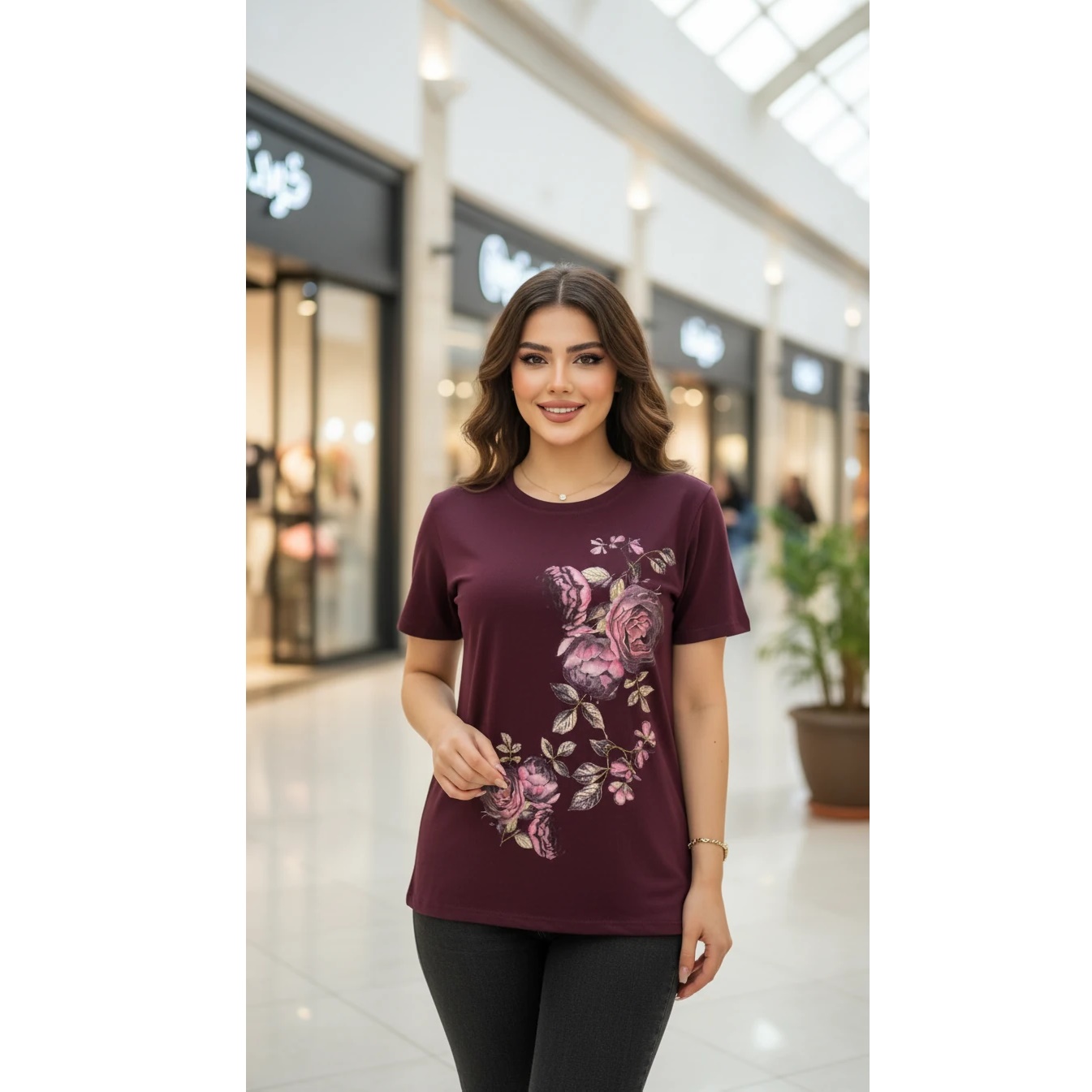 تیشرت زنانه طرح گل رز با تن‌خور لطیف و خنک کد S20 رنگ بنفش